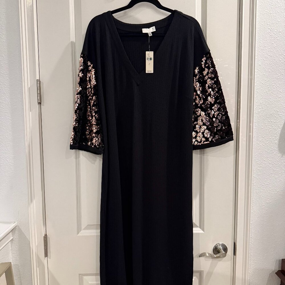 Anthropologie Black knit V-neck and copper sequin sleeved dress